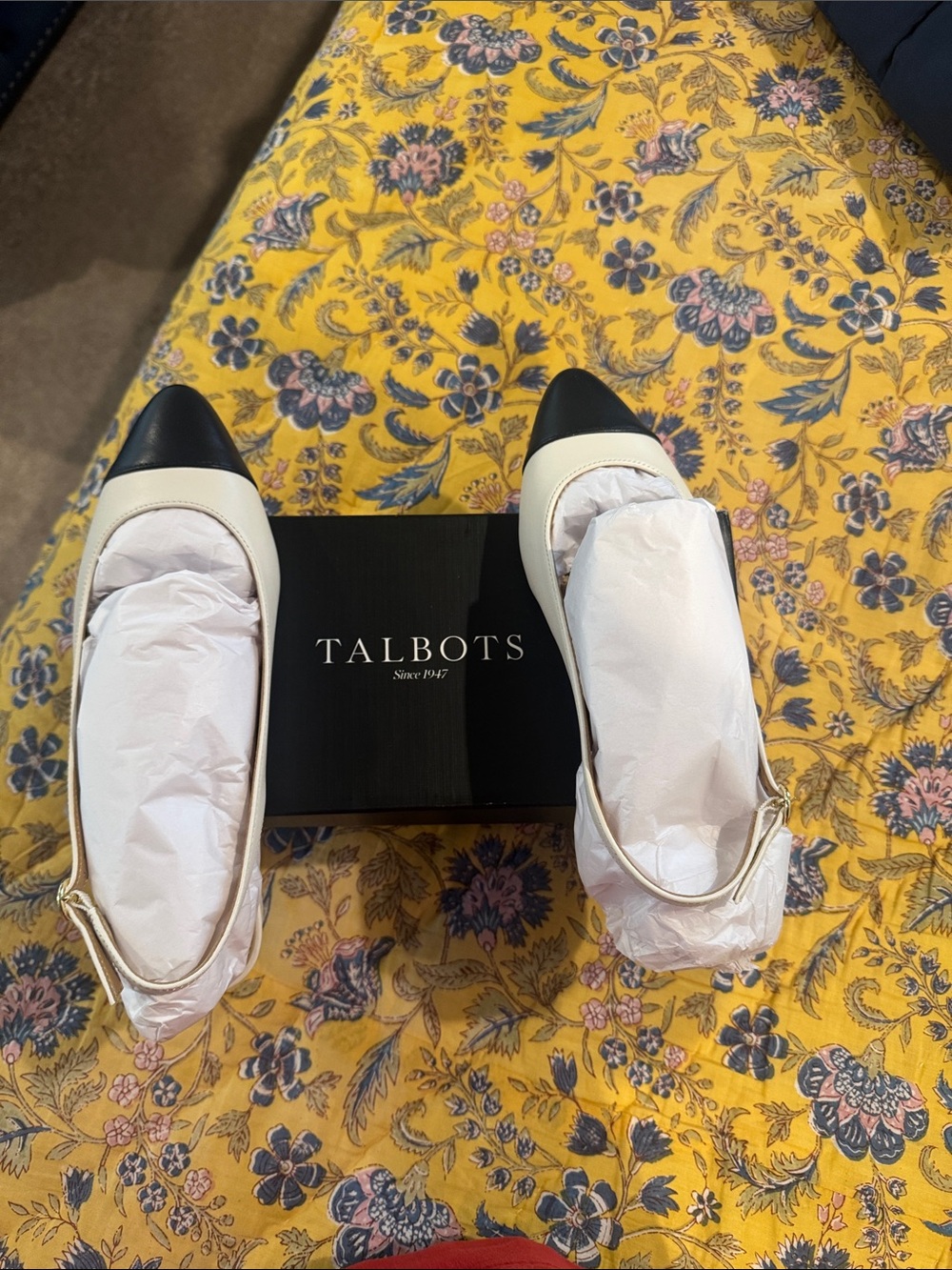 Talbots Cream and Black Pointed Toe Ballet Flats